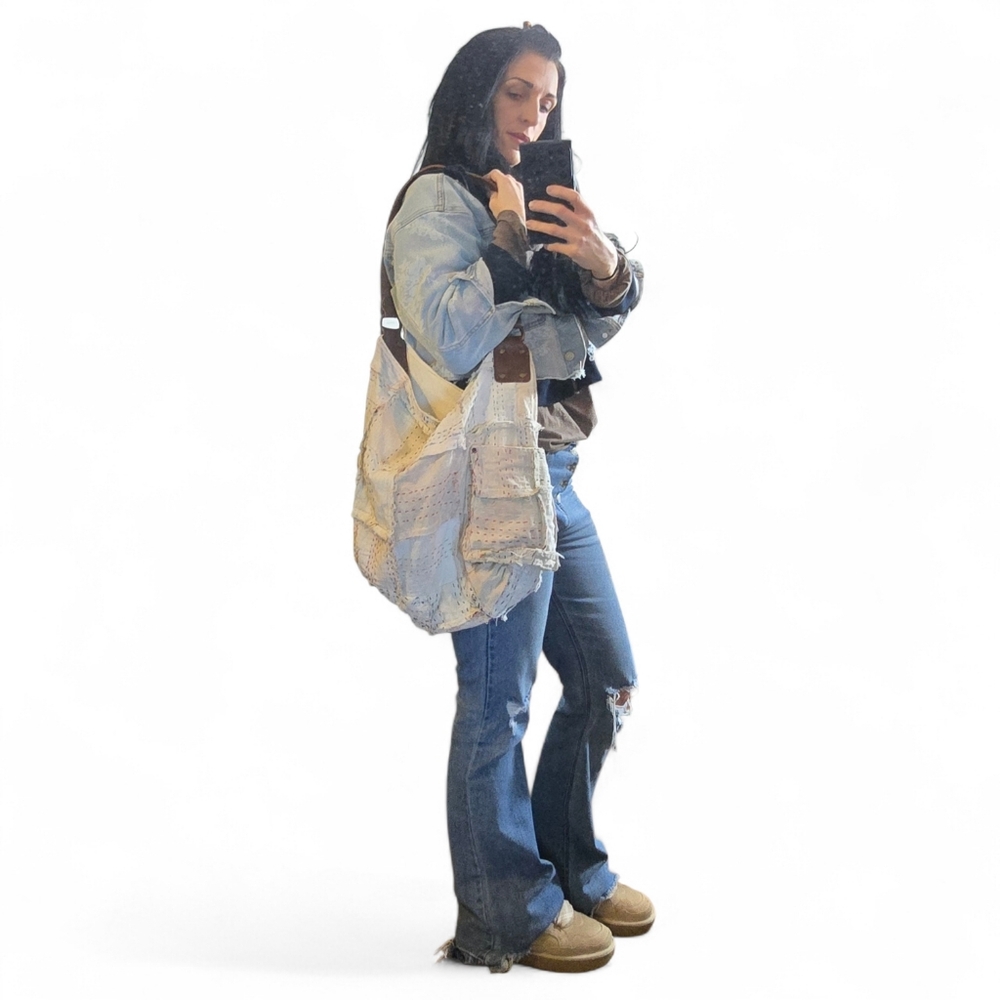 We The Free Patchwork Tote Bag in Light Blue, Cream and Tan